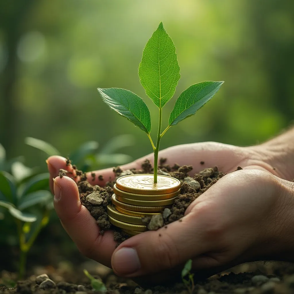 Concepto de finanzas sostenibles en Argentina, mano plantando una moneda que crece como un árbol
